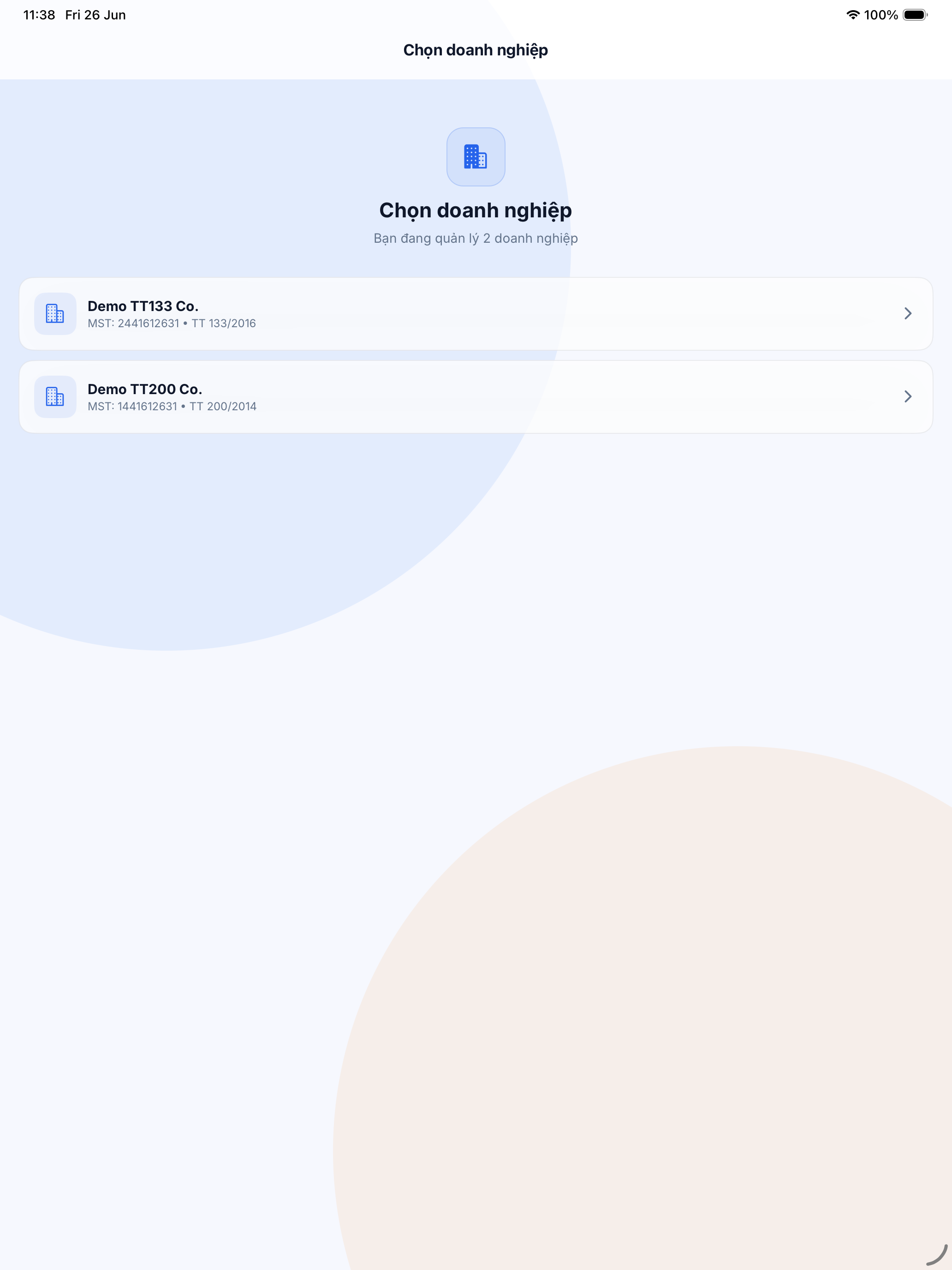 Màn hình Chọn doanh nghiệp trên iPad
